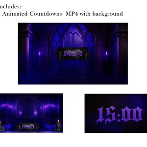 May include: Three animated countdowns in MP4 format with a gothic background. The main image shows a dark, gothic interior with purple lighting and a countdown timer displaying "14:54". Additional images show the countdown timer and the gothic interior.