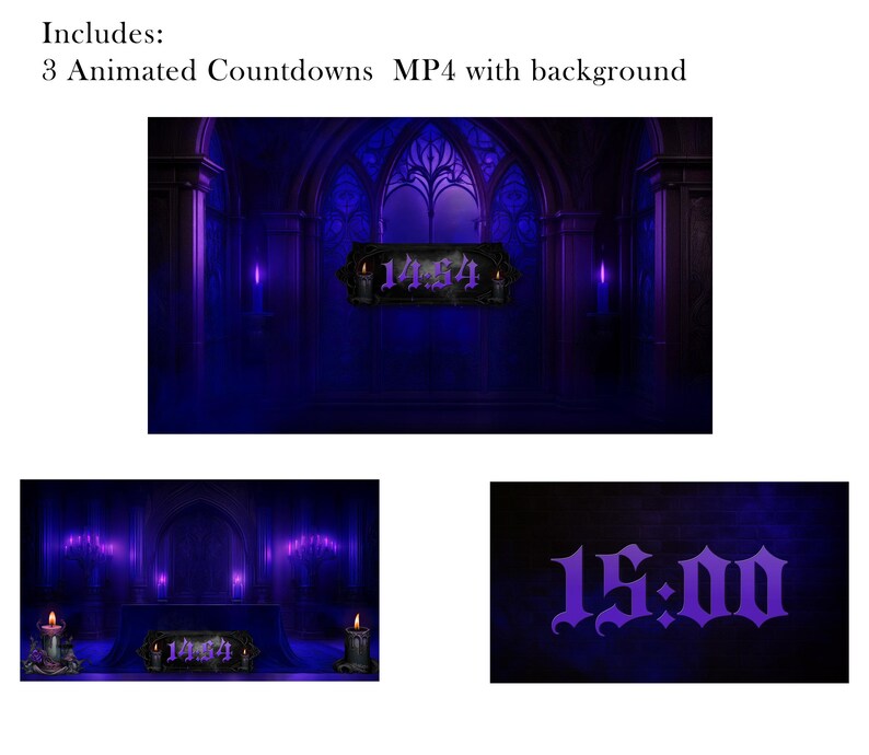 May include: Three animated countdowns in MP4 format with a gothic background. The main image shows a dark, gothic interior with purple lighting and a countdown timer displaying "14:54". Additional images show the countdown timer and the gothic interior.