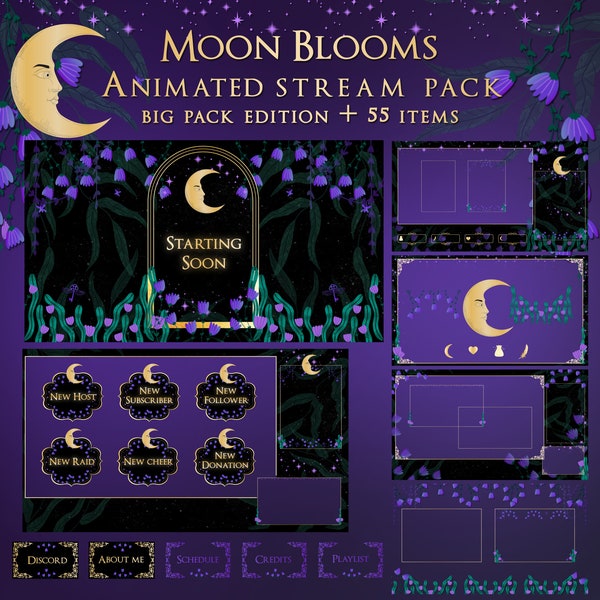Moon Celestial Twitch Overlay Package, Dreamy Midnight Stars, Twitch overlay pack | Celestial stream package