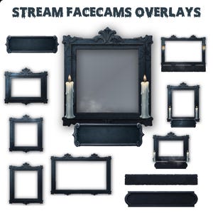 Puede incluir: Colección de marcos y banners ornamentados en azul oscuro para superposiciones de streaming. Los marcos varían en tamaño y forma, algunos con velas. El texto "STREAM FACECAMS OVERLAYS" está en la parte superior.