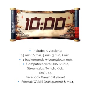 Puede incluir: Un temporizador de cuenta regresiva digital en un pergamino, mostrando "10:00" en n&uacute;meros rojos. El pergamino tiene extremos decorativos y un fondo beige con un dise&ntilde;o de paisaje. El texto describe las caracter&iacute;sticas y compatibilidad.