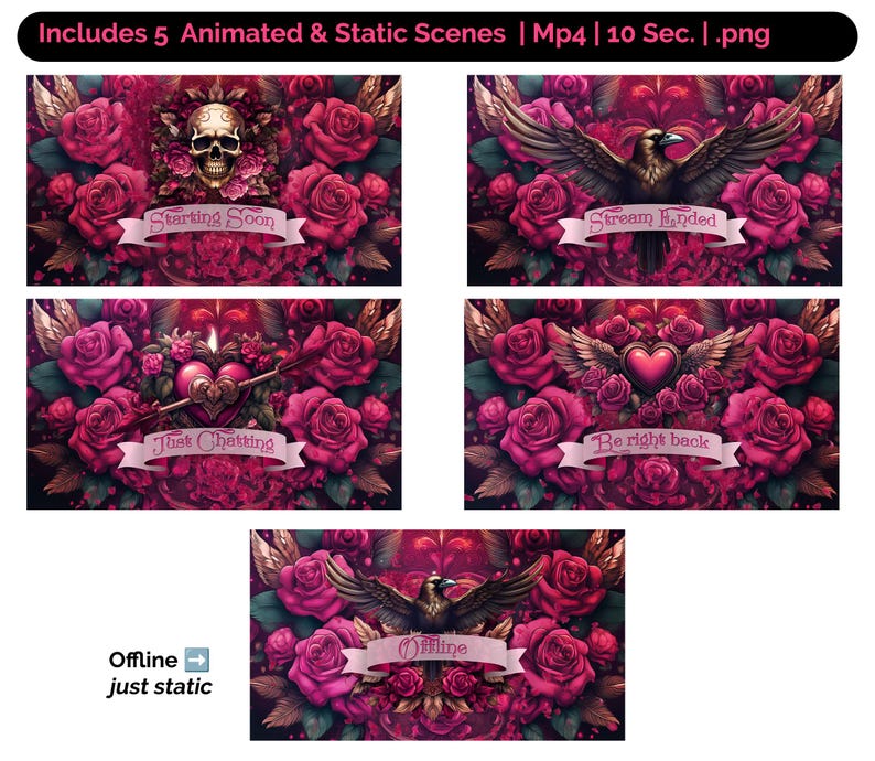 Gothic Pink Roses Stream Overlay Package: Animated Stream Pack - Etsy