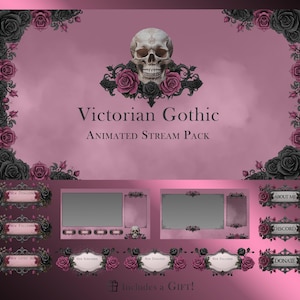 Paquete de transmisión animada gótica de rosas rosadas polvorientas: superposiciones de Twitch en rosa y negro, pantallas de calaveras, diseño victoriano