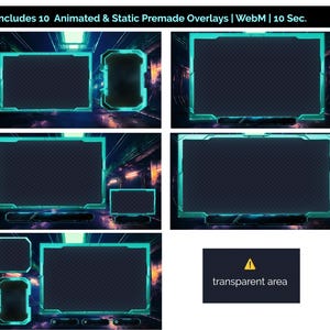 May include: Ten animated and static premade overlays for streaming. The overlays are in a futuristic cyberpunk style with neon blue accents. The overlays are transparent and can be used on any background.