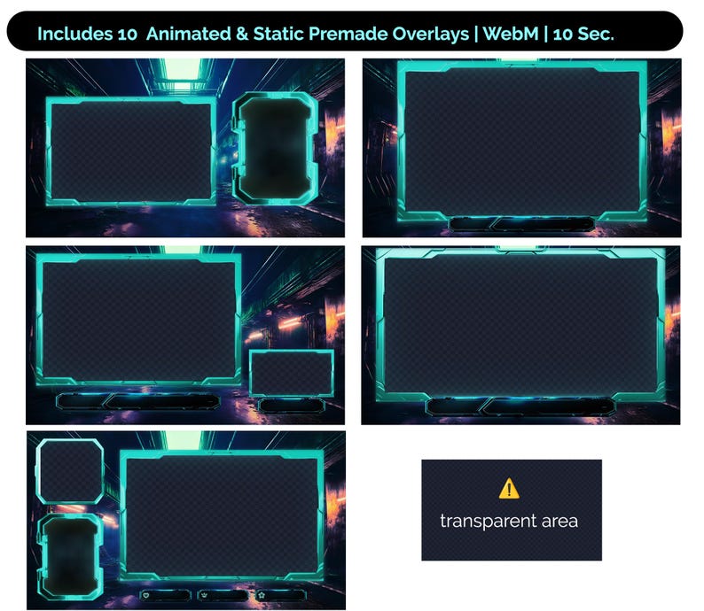 May include: Ten animated and static premade overlays for streaming. The overlays are in a futuristic cyberpunk style with neon blue accents. The overlays are transparent and can be used on any background.