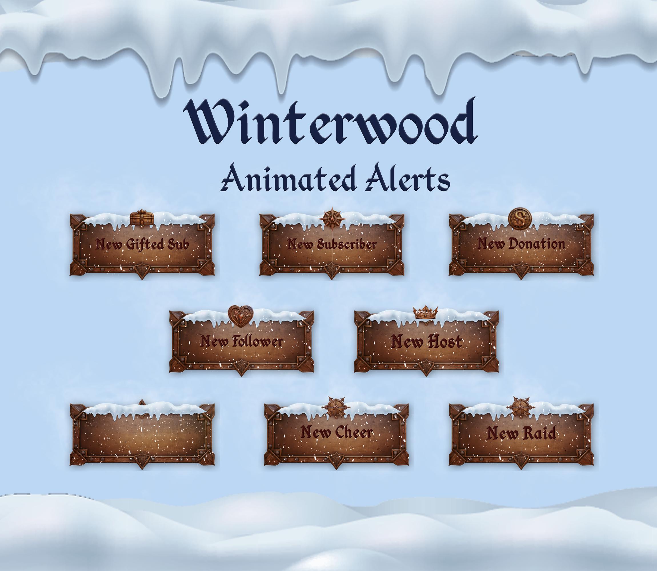 Winterwood Animated Stream Alerts for Twitch, YouTube | Snowy Medieval Wooden Theme | New Subscriber, Donation, Follower | Viking Winter