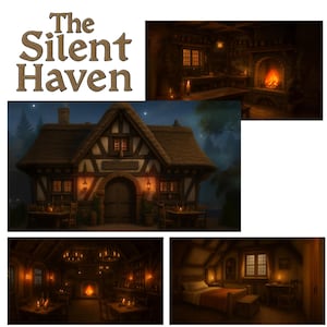 May include: An illustration of a building with the text "The Silent Haven". The building has a thatched roof, wooden beams, and lit windows. The image also shows interior scenes with fireplaces, tables, and candles, creating a warm, inviting atmosphere.