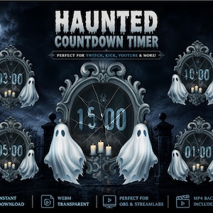 Puede incluir: Gráfico digital para un temporizador de cuenta regresiva con temática de Halloween. El diseño presenta marcos ornamentados de estilo antiguo con figuras fantasmales y velas. El temporizador muestra varios tiempos de cuenta regresiva, con la palabra "HAUNTED" en la parte superior.