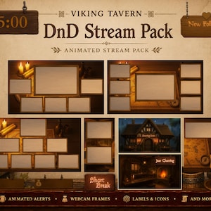 Könnte beinhalten: Ein digitales DnD Stream Pack mit dem Thema Wikinger-Taverne. Das Paket enthält animierte Benachrichtigungen, Webcam-Rahmen, Etiketten und Symbole. Das Bild zeigt ein Holzschild mit der Aufschrift "15:00" und ein weiteres mit "New Follower".