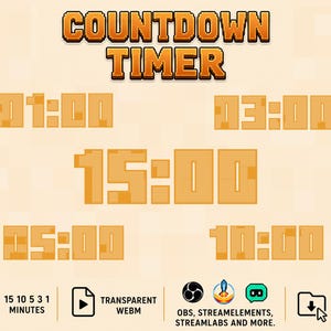 May include: A digital countdown timer graphic featuring the text COUNTDOWN TIMER in orange pixelated font. It displays five time options: 01:00, 03:00, 15:00, 05:00, and 10:00. Icons indicate compatibility with OBS, StreamElements, and Streamlabs.