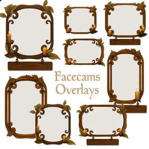 Puede incluir: Una colección de Facecams Overlays marrones y ornamentados con detalles de hojas decorativas y velas encendidas. Los marcos tienen varias formas, incluyendo rectangulares y ovaladas, con un letrero de madera.