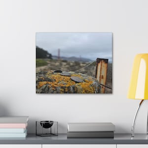 Könnte beinhalten: Nahaufnahme eines verwitterten Felsens, der mit orangefarbenem Flechten bedeckt ist, auf dem drei rostige Metallscheiben liegen. Im Hintergrund sind ein rostiger Metallzaunpfosten und ein Spinnennetz zu sehen. Die Golden Gate Bridge ist in der Ferne sichtbar.