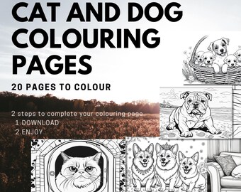 20 Cat & Dog Animal Colouring Pages - Adults And Kids Coloring Sheets, Instant Download, Printable PDF File