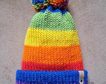 Childs rainbow woolly hat with pom pom, winter hat, handmade knitted hat, rainbow hat