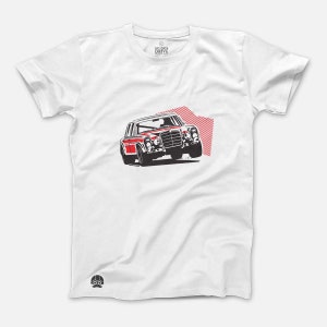 May include: White t-shirt featuring a red and black graphic of a vintage car. The car design is set against a red, striped background. The shirt has a crew neck and short sleeves. The text "GET OUT & DRIVE" is printed on the upper right side of the shirt.