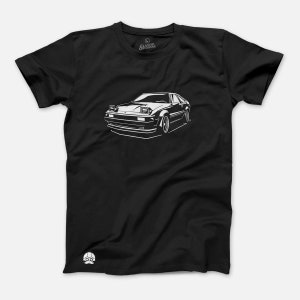 May include: Black t-shirt with a white outline of a classic car, a Toyota Supra, on the front.