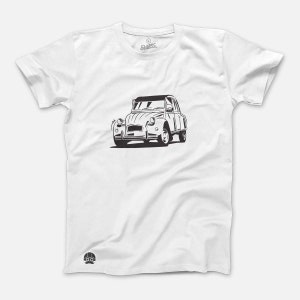 May include: White t-shirt with a black silhouette of a classic car. The car has a rounded shape and a simple design.