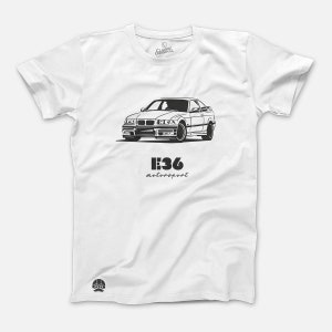 May include: White t-shirt with a black and white illustration of a BMW E36 car. The text "E36 motorsport" is printed below the car.