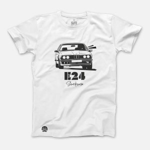 May include: White t-shirt with a black silhouette of a BMW E24 car and the text "E24 Sharknose".