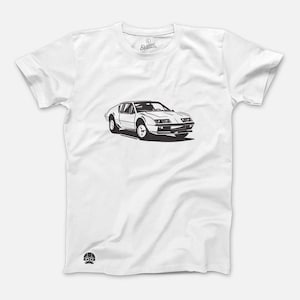 May include: A white t-shirt with a black and white illustration of a classic car. The car is a vintage sports car with a rounded body style.