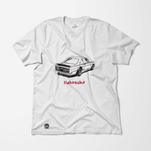 May include: White t-shirt with a black and white illustration of a classic Japanese car, a Hakosuka, with the word "Hakosuka" printed in red below the car.