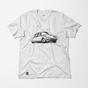 May include: White t-shirt with a black and white illustration of a classic car.