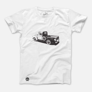 May include: White t-shirt with a black and white illustration of a vintage pickup truck.
