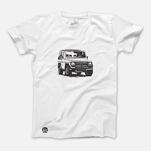 May include: A white t-shirt with a black and white illustration of a classic off-road vehicle.