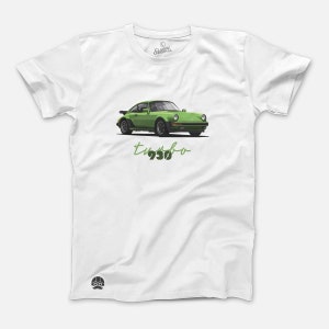 May include: White t-shirt with a green Porsche 930 Turbo car graphic and the text "turbo 930" in green.