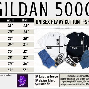 May include: A size chart for Gildan 5000 Unisex Heavy Cotton T-Shirts. The chart shows sizes from S to 5XL with corresponding width and length measurements in inches. The chart also includes information about the fabric composition of the shirts, including solid colors, heather colors, and antique colors.