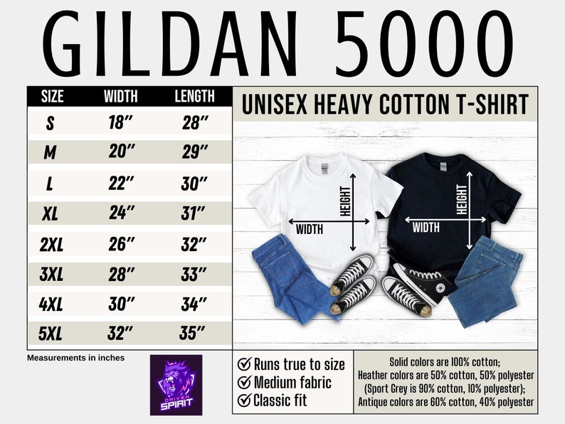 May include: A size chart for Gildan 5000 Unisex Heavy Cotton T-Shirts. The chart shows sizes from S to 5XL with corresponding width and length measurements in inches. The chart also includes information about the fabric composition of the shirts, including solid colors, heather colors, and antique colors.
