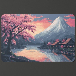 Tapete de juego con diseño de cerezo en flor en pixel art, de alta calidad y con mucho detalle, para MTG // Alfombrilla de ratón // Alfombrilla de ordenador