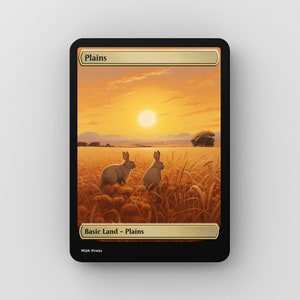 May include: A Magic: The Gathering card depicting a sunset over a field of tall grass with two rabbits in the foreground. The card is titled "Plains" and is a basic land card.