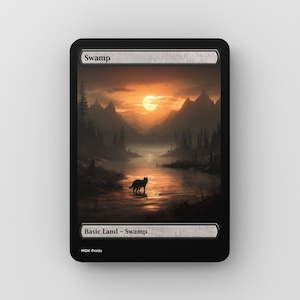 May include: A black and white illustration of a swamp with a wolf standing in the water. The sun is setting behind the mountains in the background. The text "Swamp" is at the top of the card and "Basic Land - Swamp" is at the bottom.