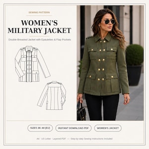 May include: A sewing pattern for a military jacket featuring a double-breasted design with epaulettes and flap pockets. The document includes technical line drawings of the front and back views, along with text indicating sizes 36-44 EU.