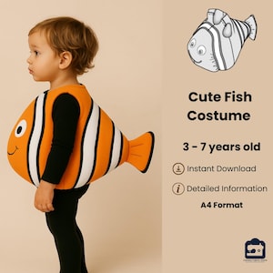 May include: A child wearing an orange and white fish costume with a smiling face and a tail fin. The costume has black sleeves and leggings. The text on the image says "Cute Fish Costume" and "3-7 years old".