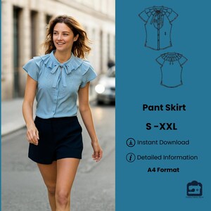 May include: A woman in a light blue blouse with a frilled collar and short sleeves, and black shorts. The image includes a pattern for a pant skirt, with the text "Pant Skirt S-XXL".