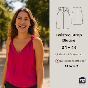 May include: A woman wearing a magenta twisted strap blouse. The blouse has a V-neck and knotted straps. The image also shows a pattern of the blouse and text that reads "Twisted Strap Blouse 34-44".
