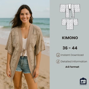 Kimono Sewing Pattern PDF – Easy Summer Jacket – Loose Fit Cardigan – Digital Download – Sizes 36–44 – A4 Format – 5 Languages