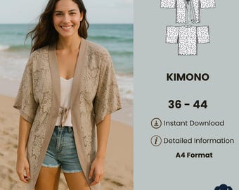 May include: A beige lace kimono with a light brown trim and tie closure. The image also includes a diagram of the kimono, the word "KIMONO", and the size range "36-44". Additional text includes "Instant Download", "Detailed Information", and "A4 Format".
