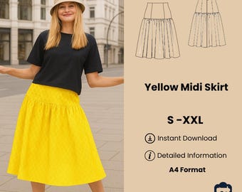 Patrón de costura de falda midi en PDF – Falda fruncida de corte A – Descarga digital 36-44