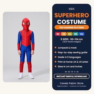 May include: A red and blue superhero costume jumpsuit with a matching full-head mask featuring a black web pattern. The digital PDF sewing pattern includes 5 sizes from 110-134 cm (43.3-52.8 in) for a jumpsuit, mask, and step-by-step sewing guide.
