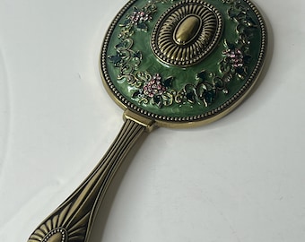 Vintage Hand Held Enameled Mirror "Swarovski" Crystals Brass Tone Floral