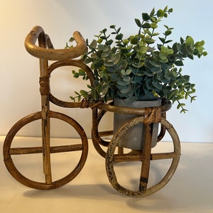 Vintage Rattan Tricycle Planter Stand Bamboo Bike Bicycle Garden Art Indoor Outdoor Planter Holder Hand Made Garden Decor Patio Sun Porch