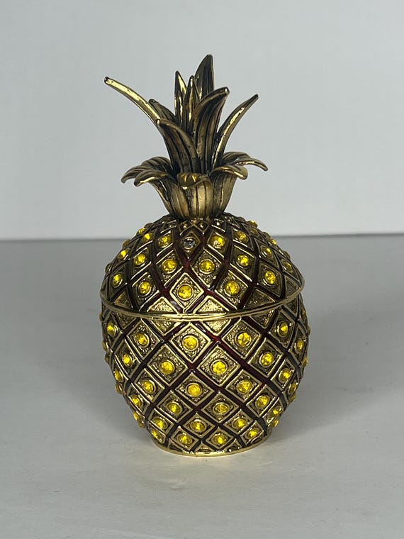 Vintage Brass Pineapple Trinket Box: Red Enamel & Rhinestone Jewels