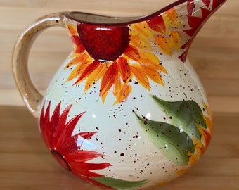 Hand Painted Evening Sun Pitcher Gravy boat Vase Platzgraff Sunflowers Rich Fall Colors Speckled White orange gold red burgundy Green Vivid