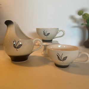 Vintage Black White Stetson Creamer Tea Cup Set of 3 Coffee Cups 1950&#39;s MCM Mid Century Modern Leaf Design Black White Farmhouse USA