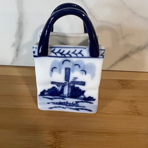 Vintage Hand painted Delft Blue White Windmill Holland Porcelain Bag Decor flowers Leaf Boat Island Water Handpainted Art Antique