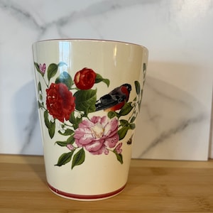 Vintage Floral bird robin vase planter plant Red Pink roses green leaves Gift for Her Desk storage Pencil jar Make up brush vanity storage
