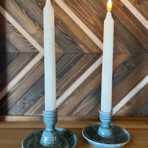 Vintage Hand Made Candle stick holders Artist Signed Studio Pottery Sage Green blue Drip Glaze Southwest Primitive Country